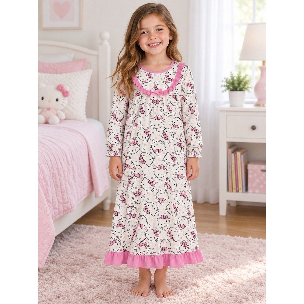 Hello Kitty Girls Nightgown Size L 10/12 Pink Ruffle Long Sleeve Sleepwear